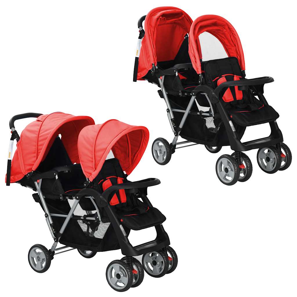 vidaXL Double Stroller Steel Red and Black