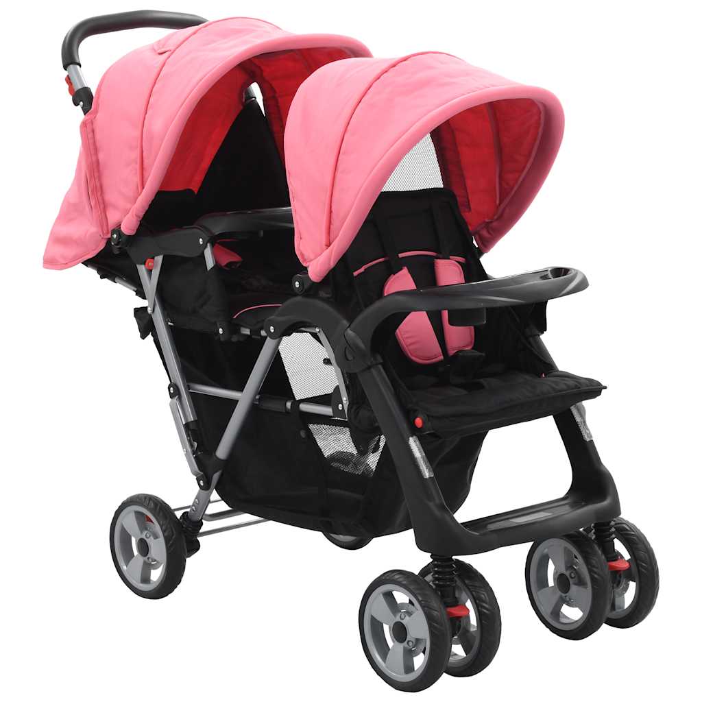 vidaXL Double Stroller Steel Red and Black