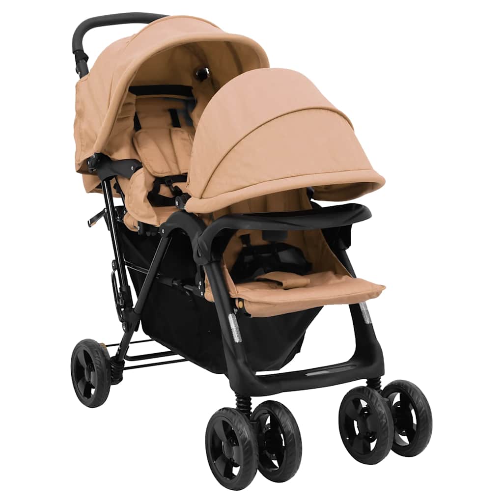 vidaXL Twin Stroller Tandem Steel Light Grey