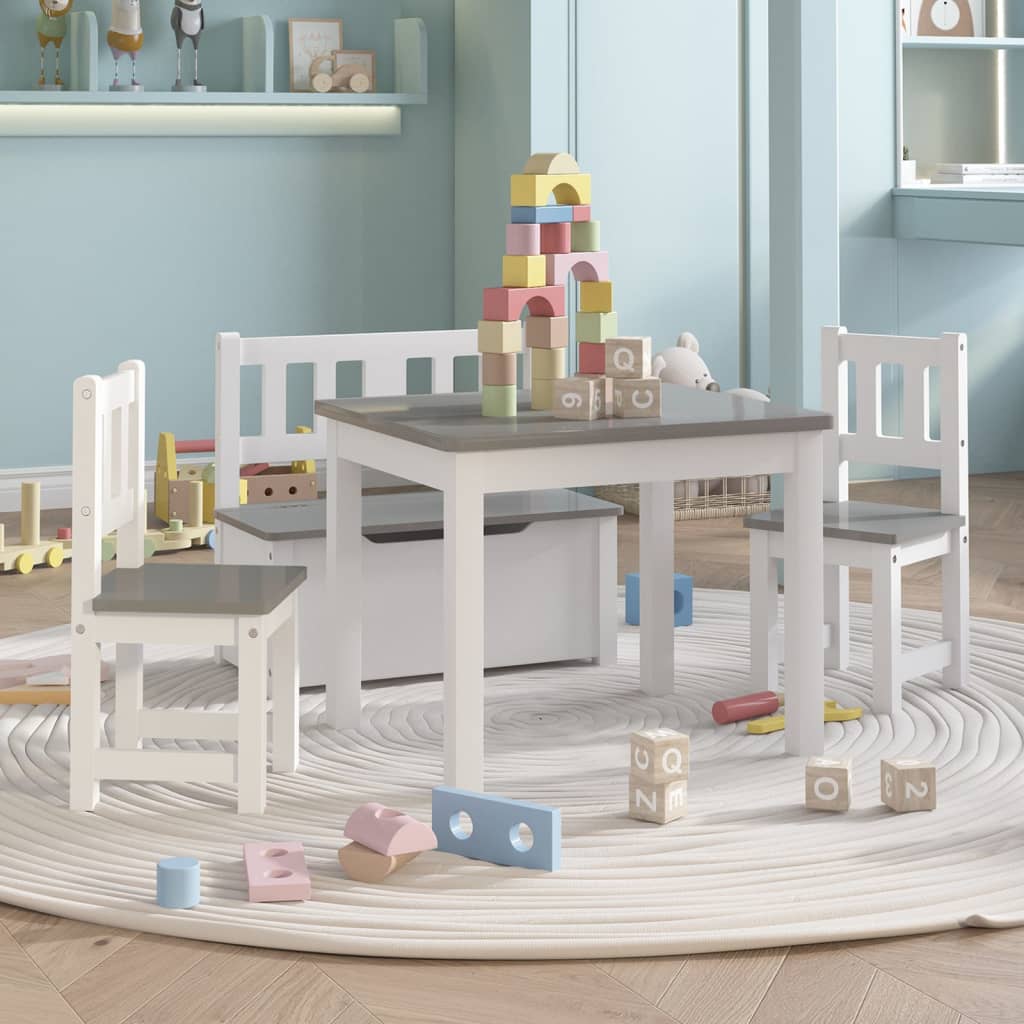 vidaXL 3-Piece Kids Table and Chair Set MDF White and Grey