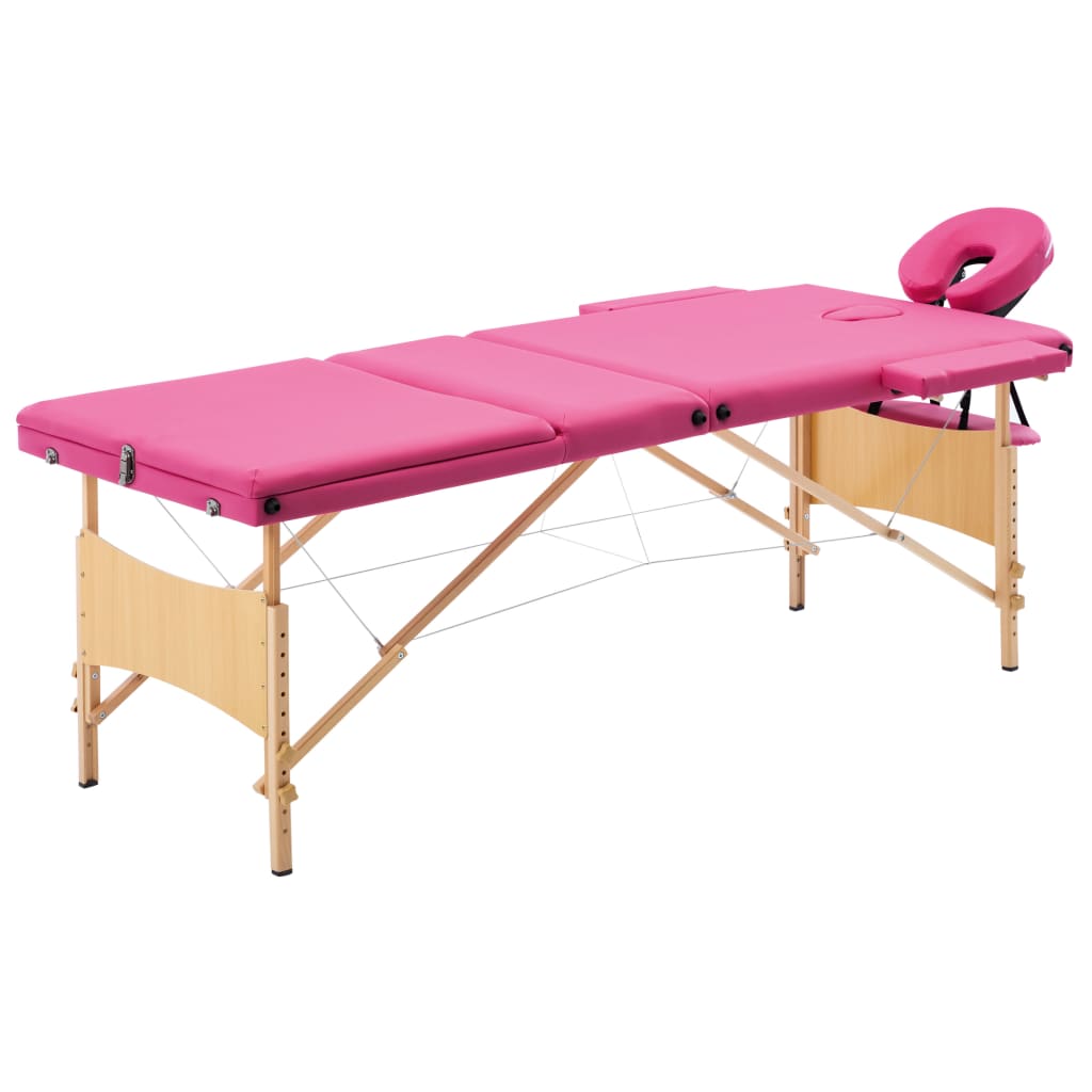 vidaXL Foldable 3-Zone Massage Table Wood Pink