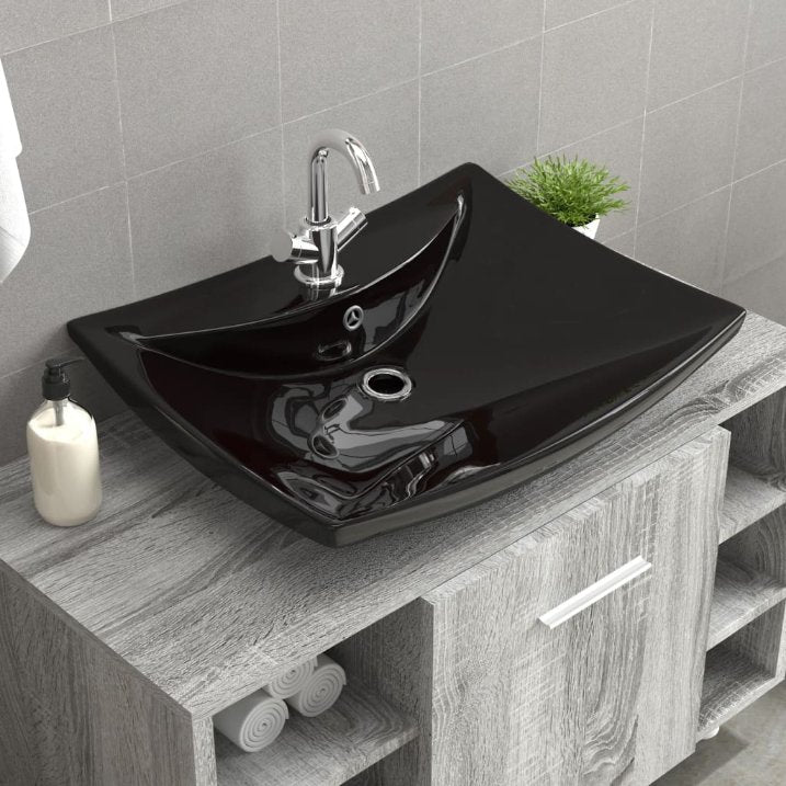 vidaXL Sink with Overflow and Faucet Hole Rectangular Ceramic