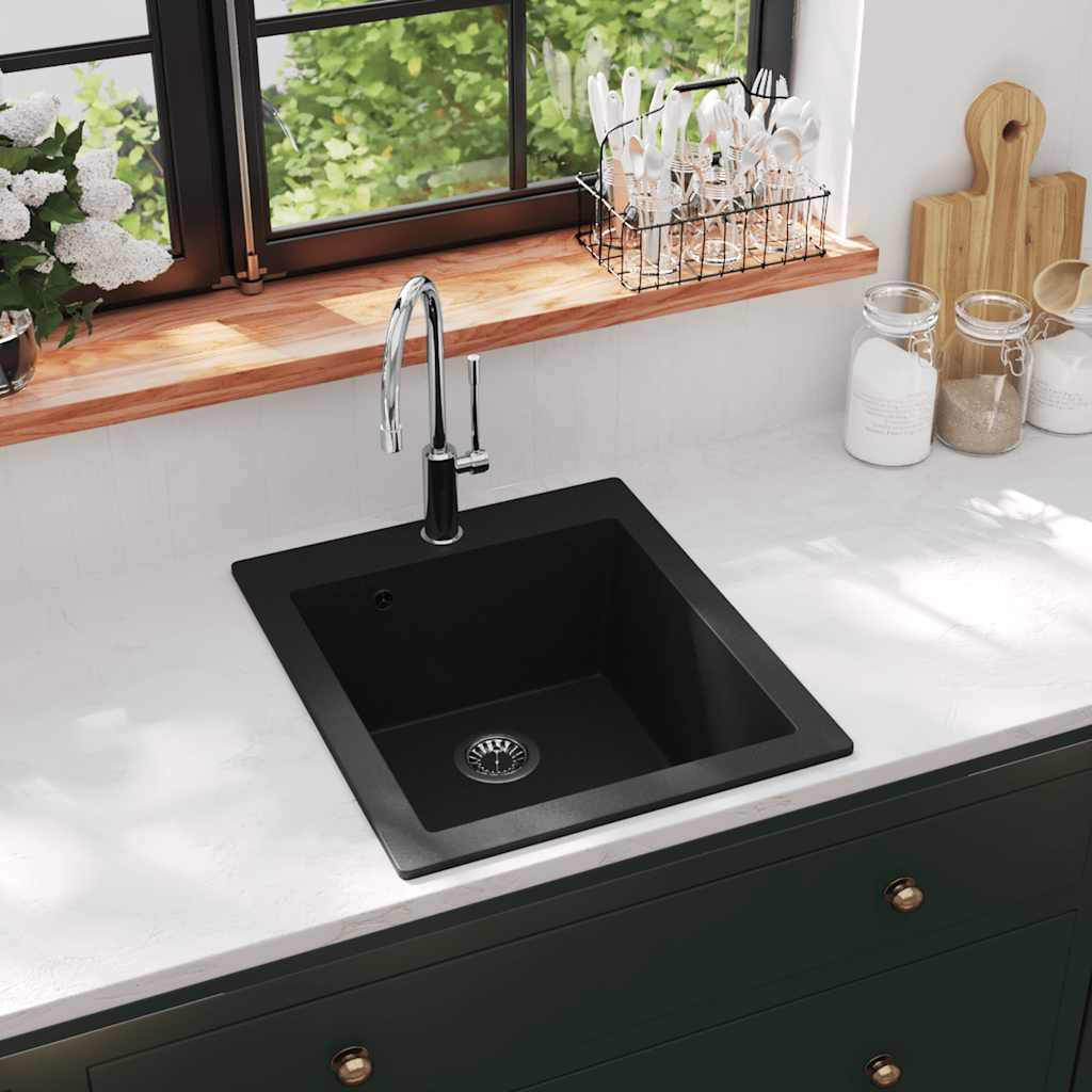 vidaXL Top-Mount Sink Single Bowl Granite Black