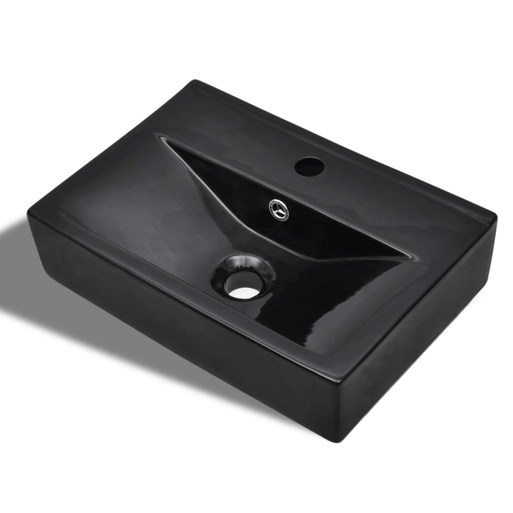 vidaXL Bathroom Sink with Faucet Hole and Overflow Black Rectangular Ceramic