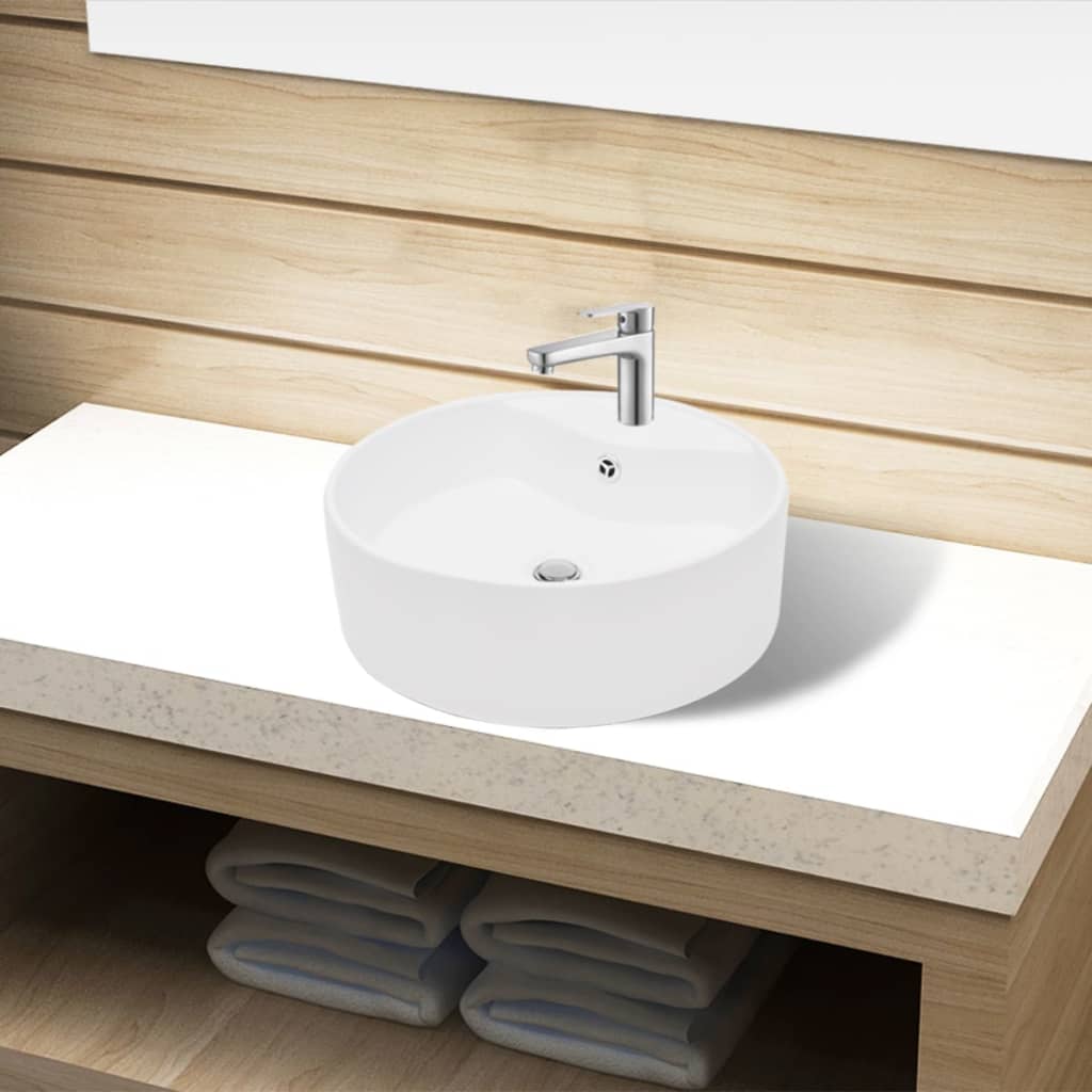 Sink with overflow, ceramic, round, white