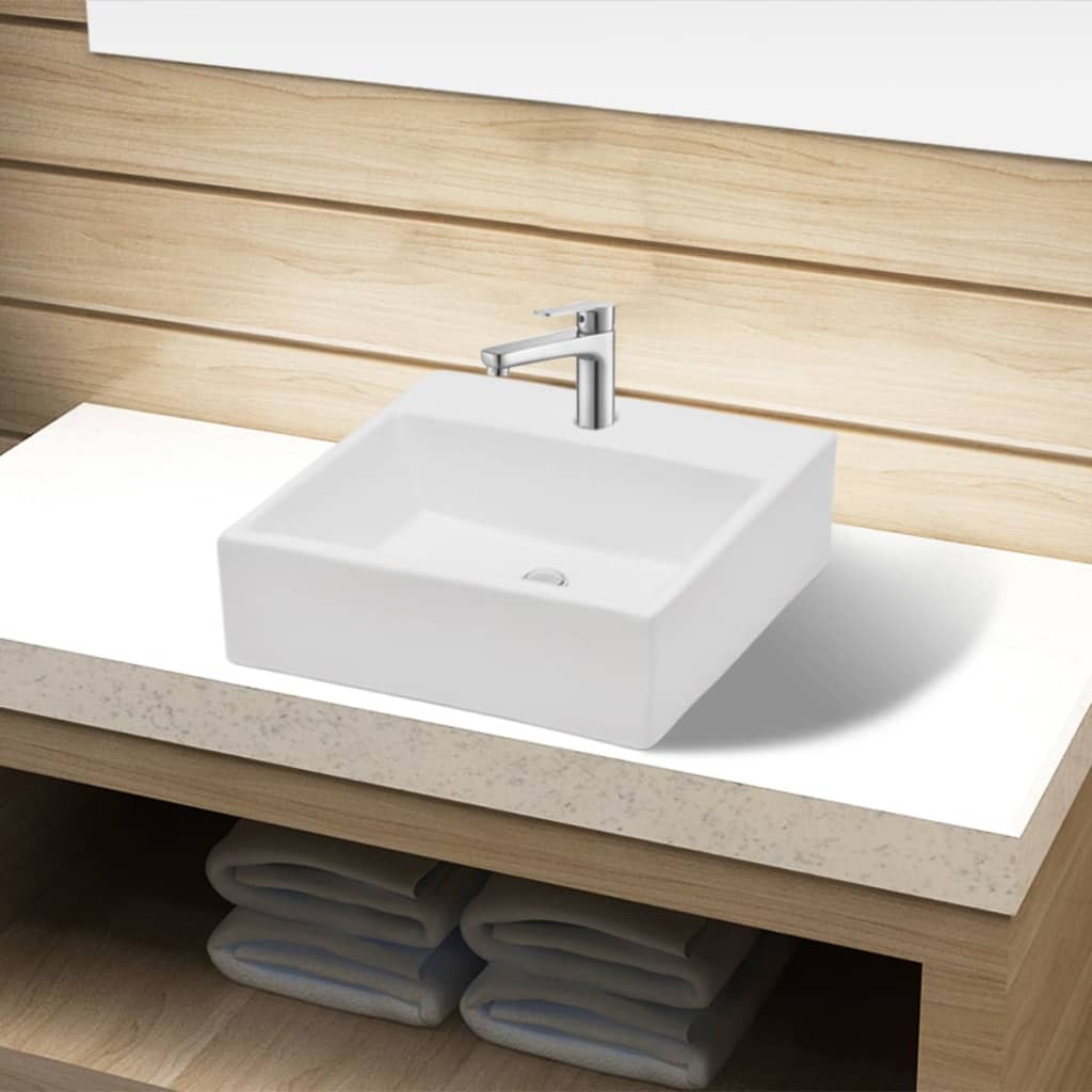 vidaXL Square Ceramic Wash Basin with Faucet Hole White