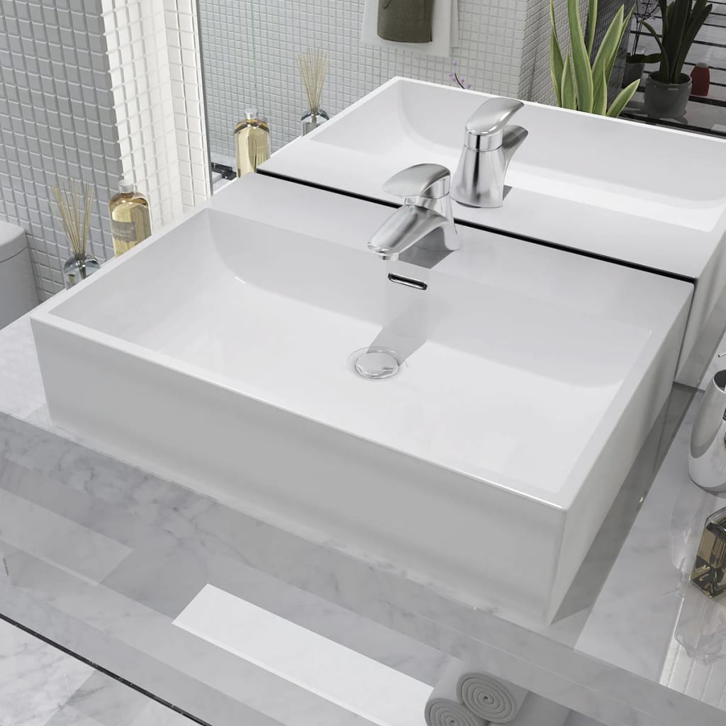 vidaXL Bathroom Sink with Faucet Hole White 51.5x38.5x15 cm Ceramic