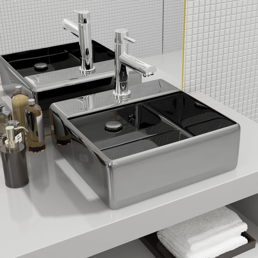 vidaXL Luxury Square Ceramic Wash Basin with Overflow and Faucet Hole 41x41 cm