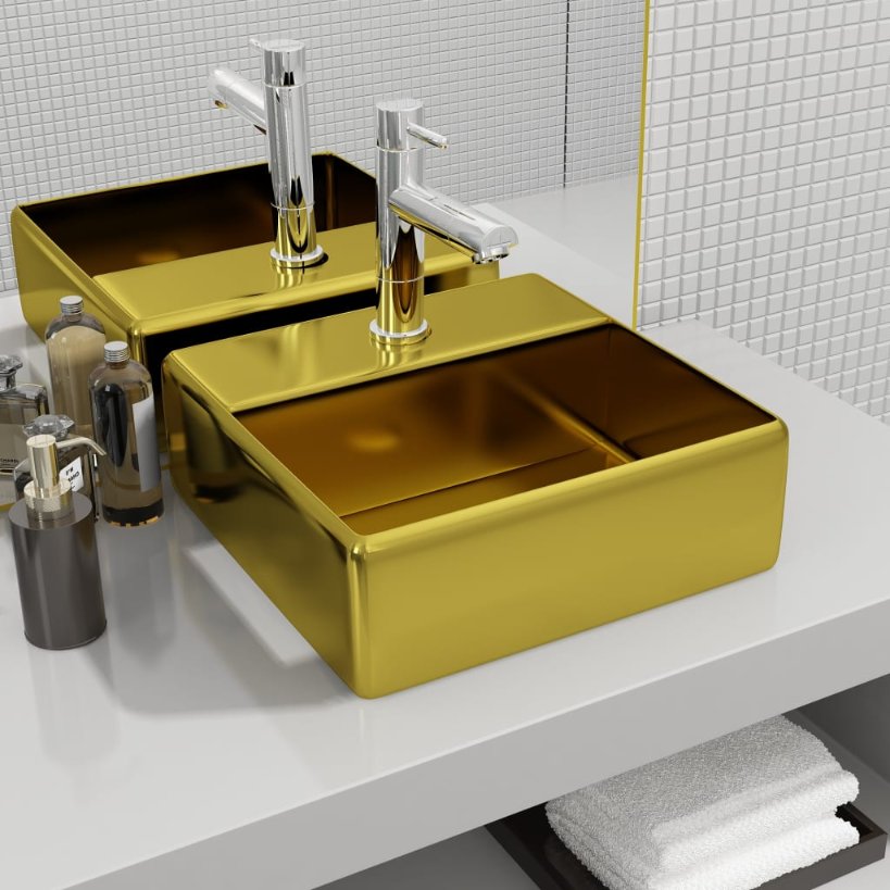 vidaXL Square Ceramic Wash Basin with Faucet Hole White