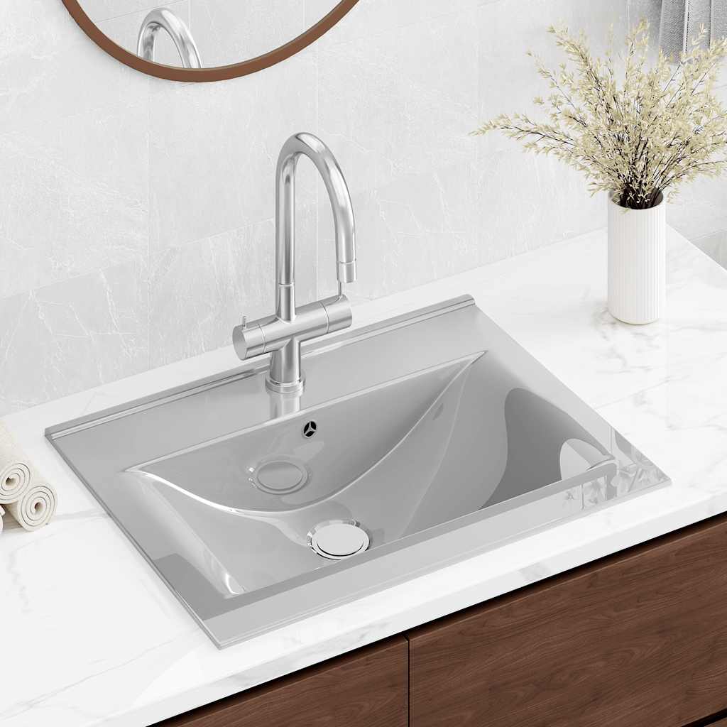 vidaXL Ceramic Rectangular Wash Basin 60x46 cm with Faucet Hole White