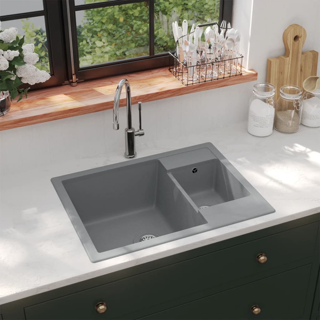 vidaXL Kitchen Sink Double Basins with Overflow Hole Granite Black