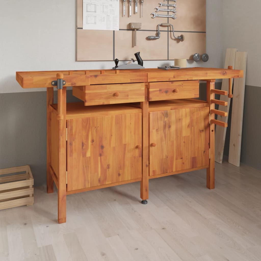 vidaXL Workbench with Drawers and Vices 162x62x83 cm Acacia Wood