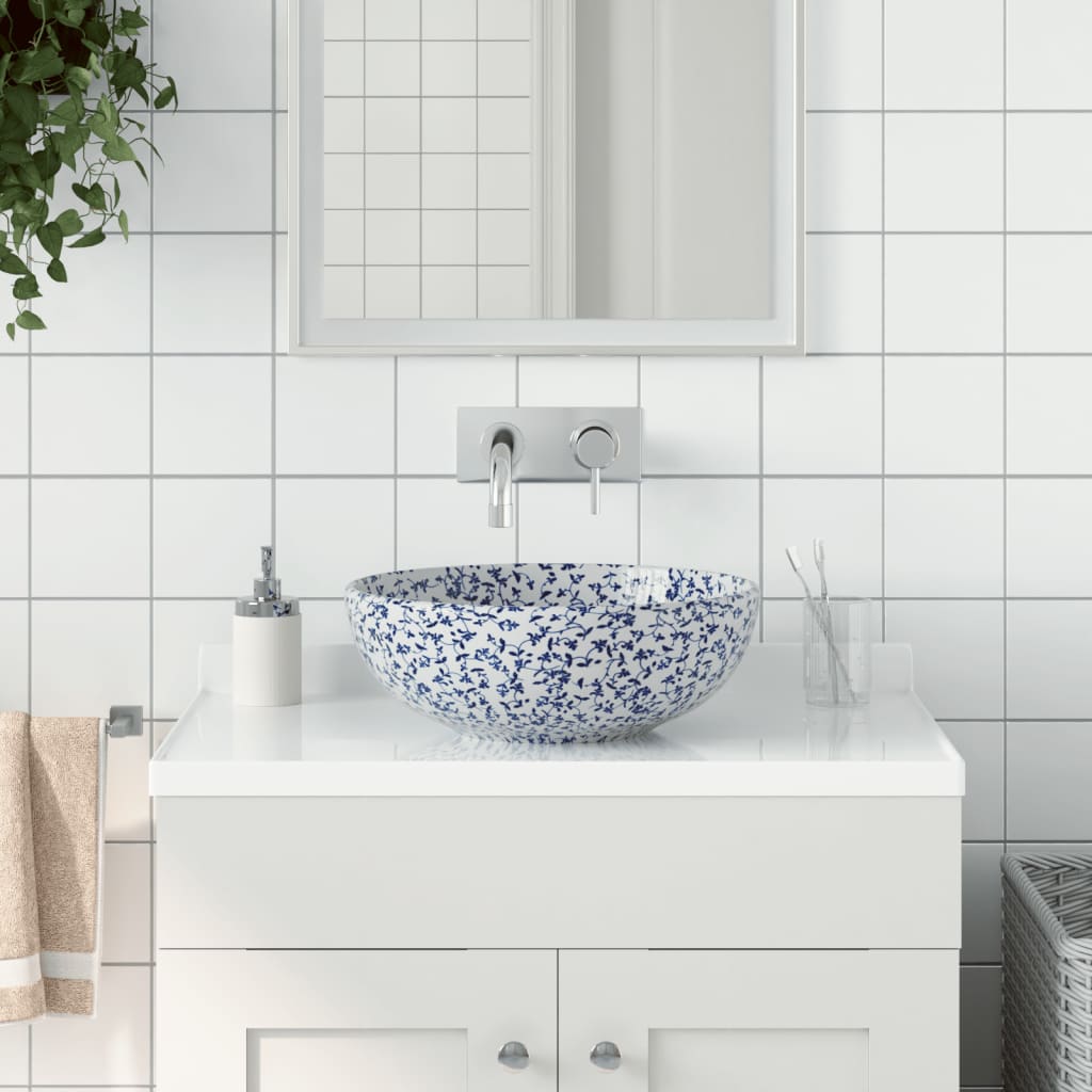 vidaXL Opzetwasbak rond Φ41x14 cm keramiek wit en blauw