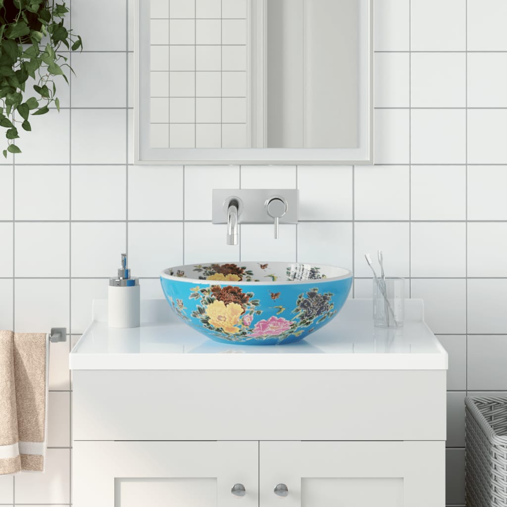 vidaXL Opzetwasbak rond Φ41x14 cm keramiek wit en blauw