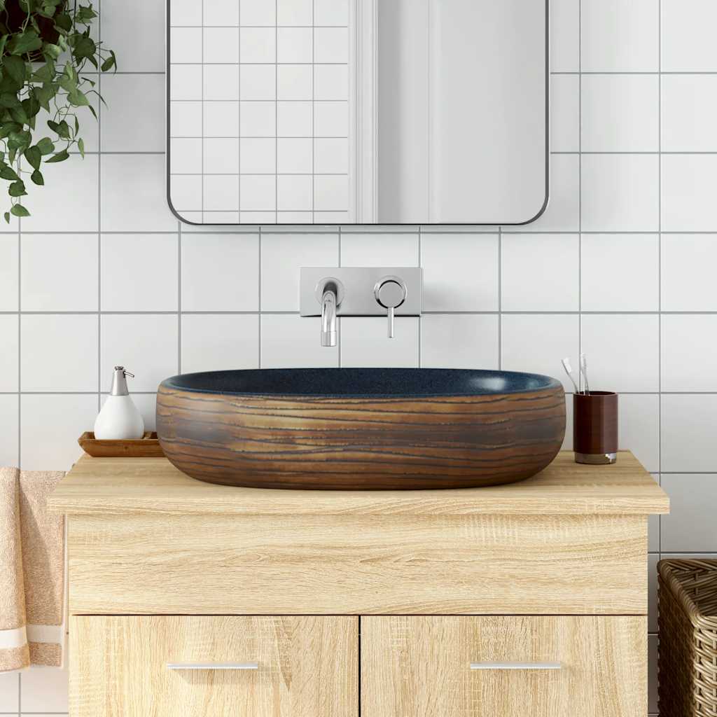 vidaXL Opzetwasbak ovaal 47x33x13 cm keramiek grijs en blauw