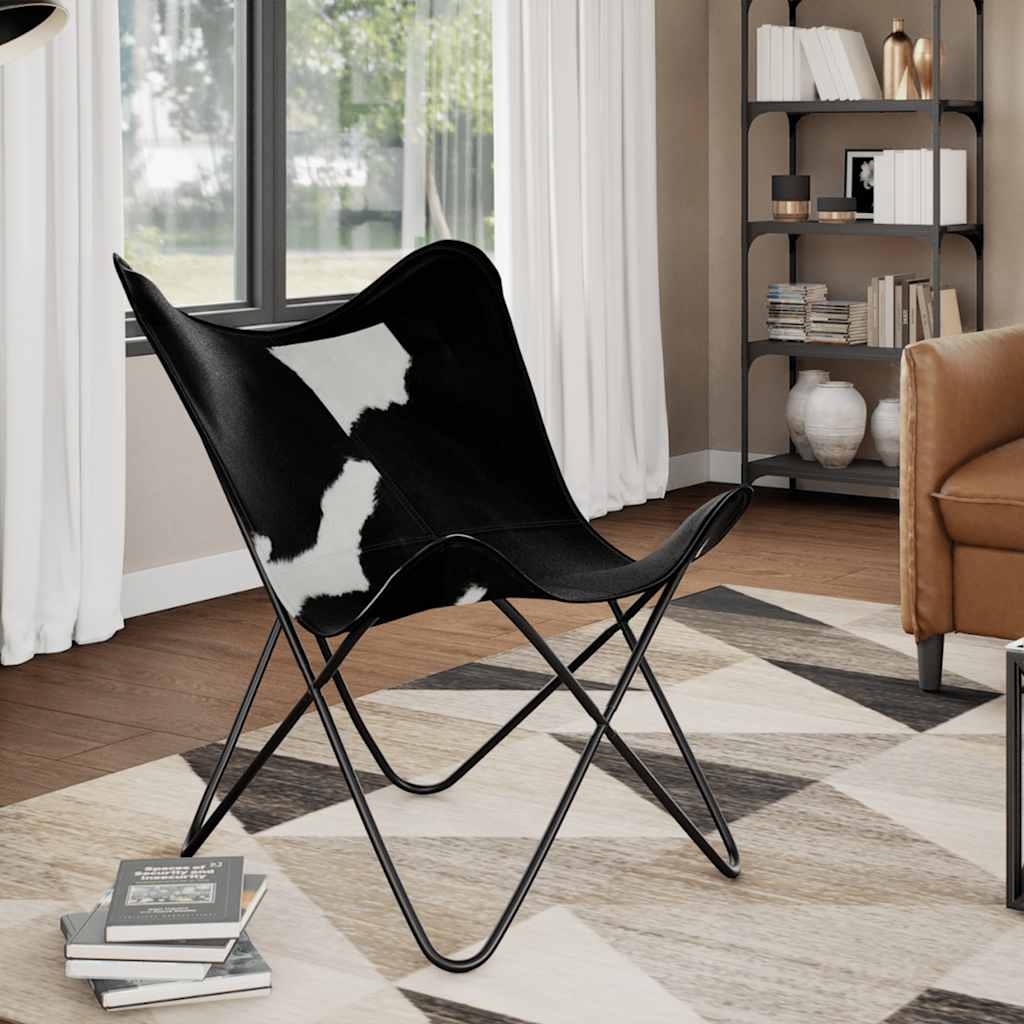 vidaXL Butterfly Chair Real Leather Black