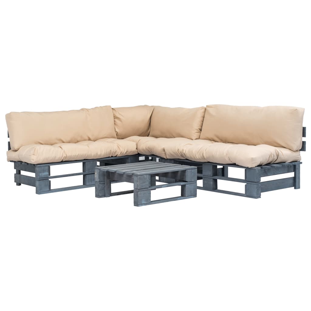 vidaXL 4-delige Loungeset pallet met zandkleurige kussens hout