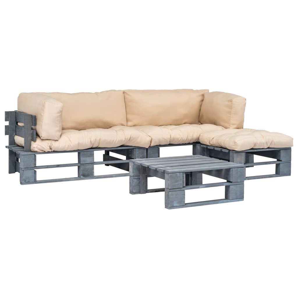 vidaXL 4-delige Loungeset pallet met zandkleurige kussens hout