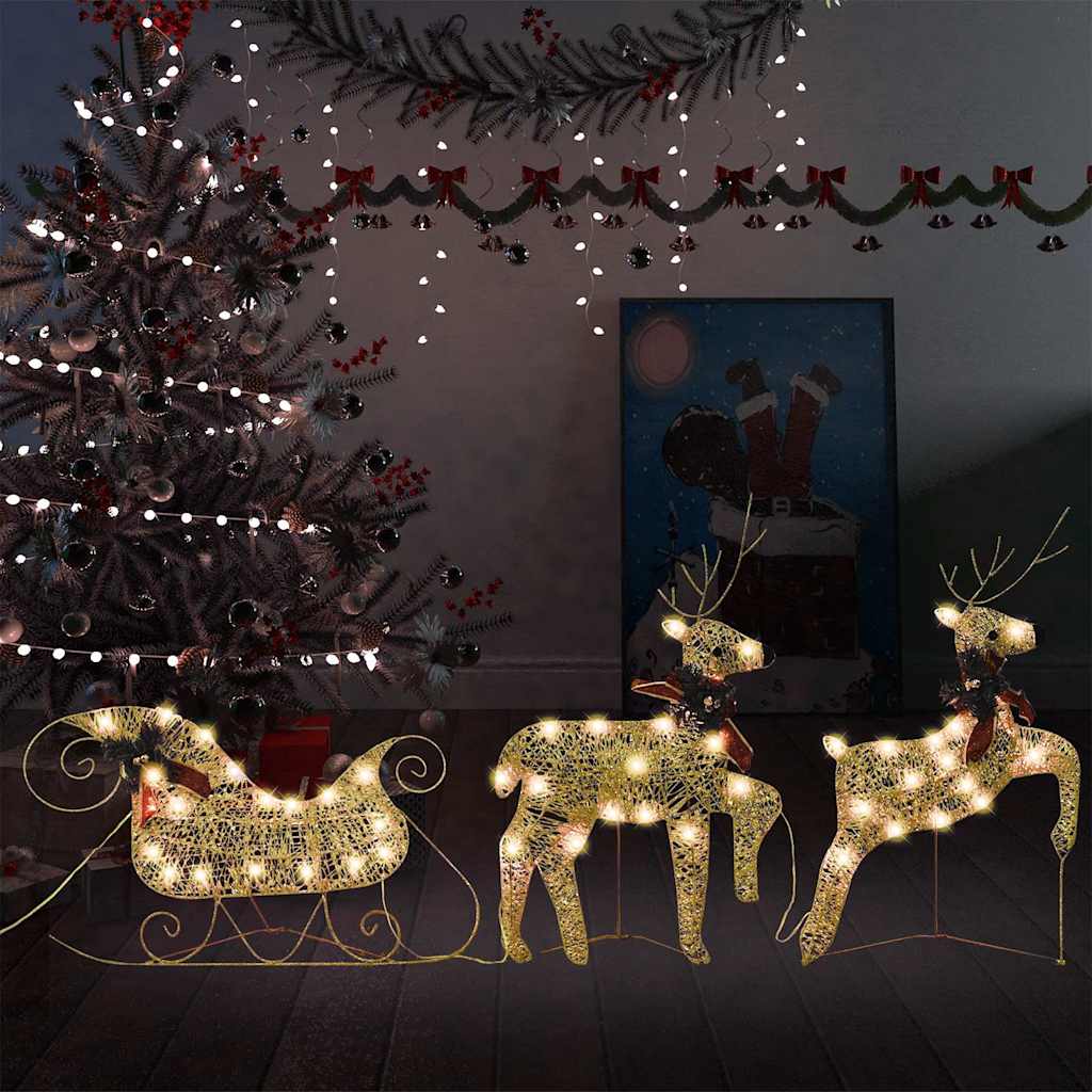 vidaXL Kerstdecoratie rendieren en slee 60 LED's goudkleurig