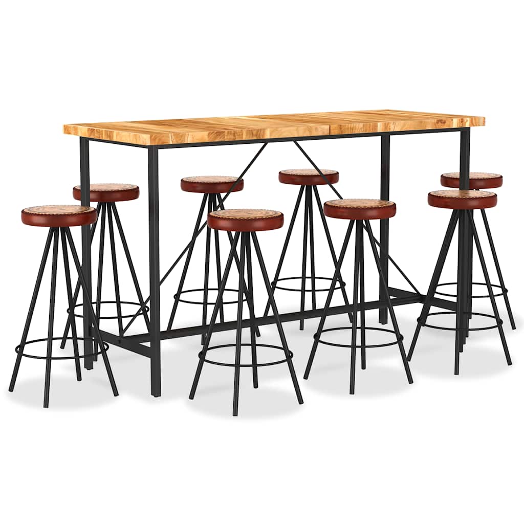 vidaXL 9-piece Bar Set Solid Acacia Wood, Real Leather and Canvas