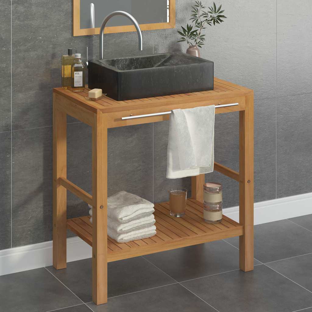 vidaXL Solid Teak Vanity Cabinet with Marble Sink Black