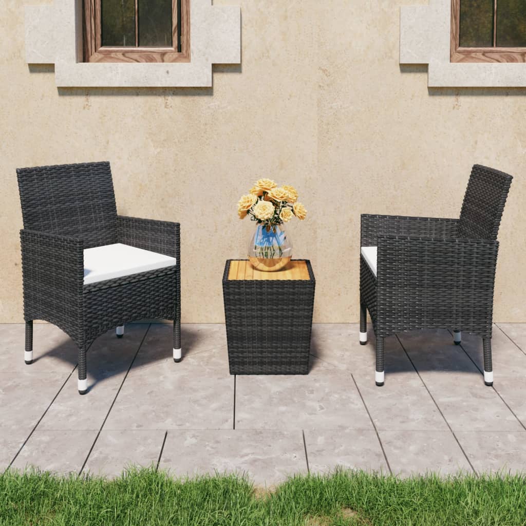 vidaXL 3-Piece Bistro Set Poly Rattan and Acacia Wood Black