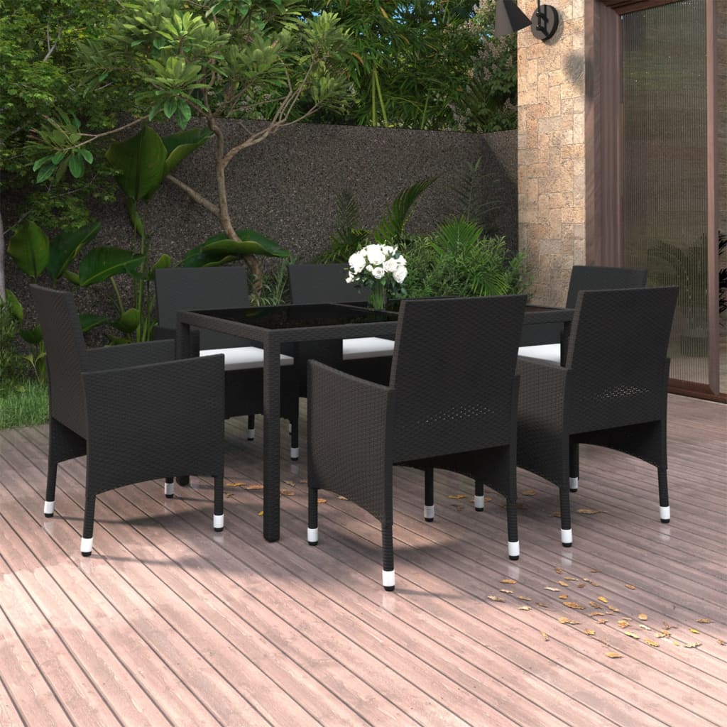 vidaXL 7-Piece Garden Dining Set Poly Rattan and Tempered Glass Black