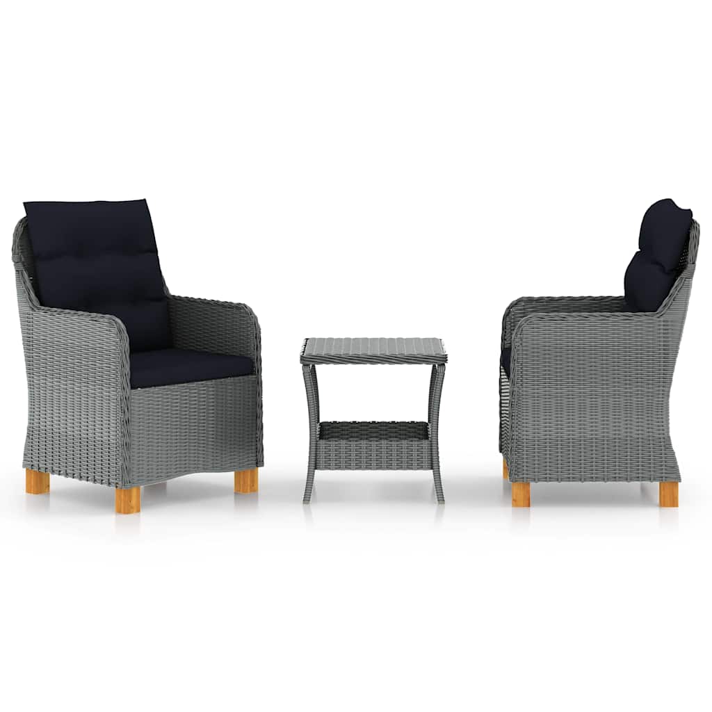 vidaXL 3-delige Loungeset met kussens poly rattan donkergrijs