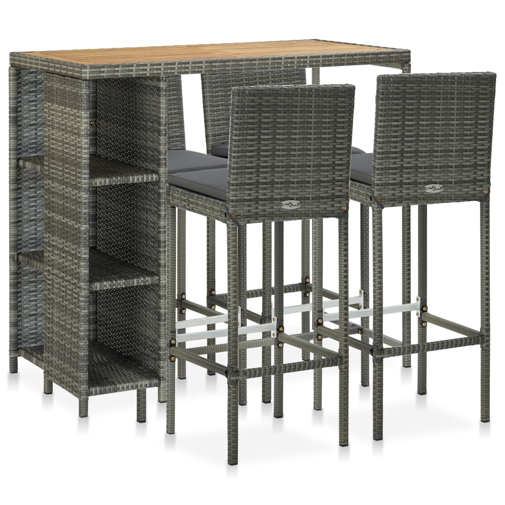 vidaXL 5-delige Tuinbarset met kussens poly rattan zwart