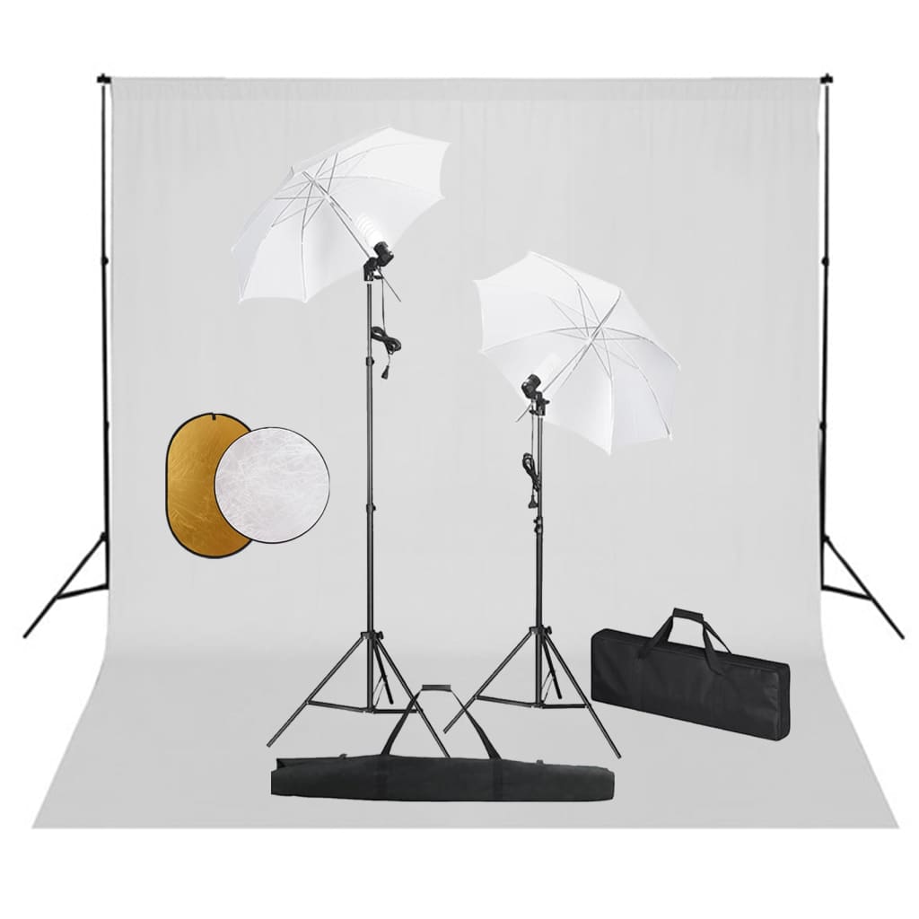 vidaXL Photo Studio Kit with Lights, Umbrellas, Background, and Reflector