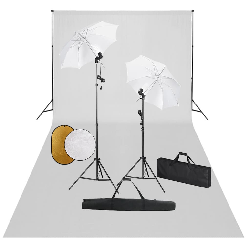 vidaXL Photo Studio Kit with Lights, Umbrellas, Background, and Reflector