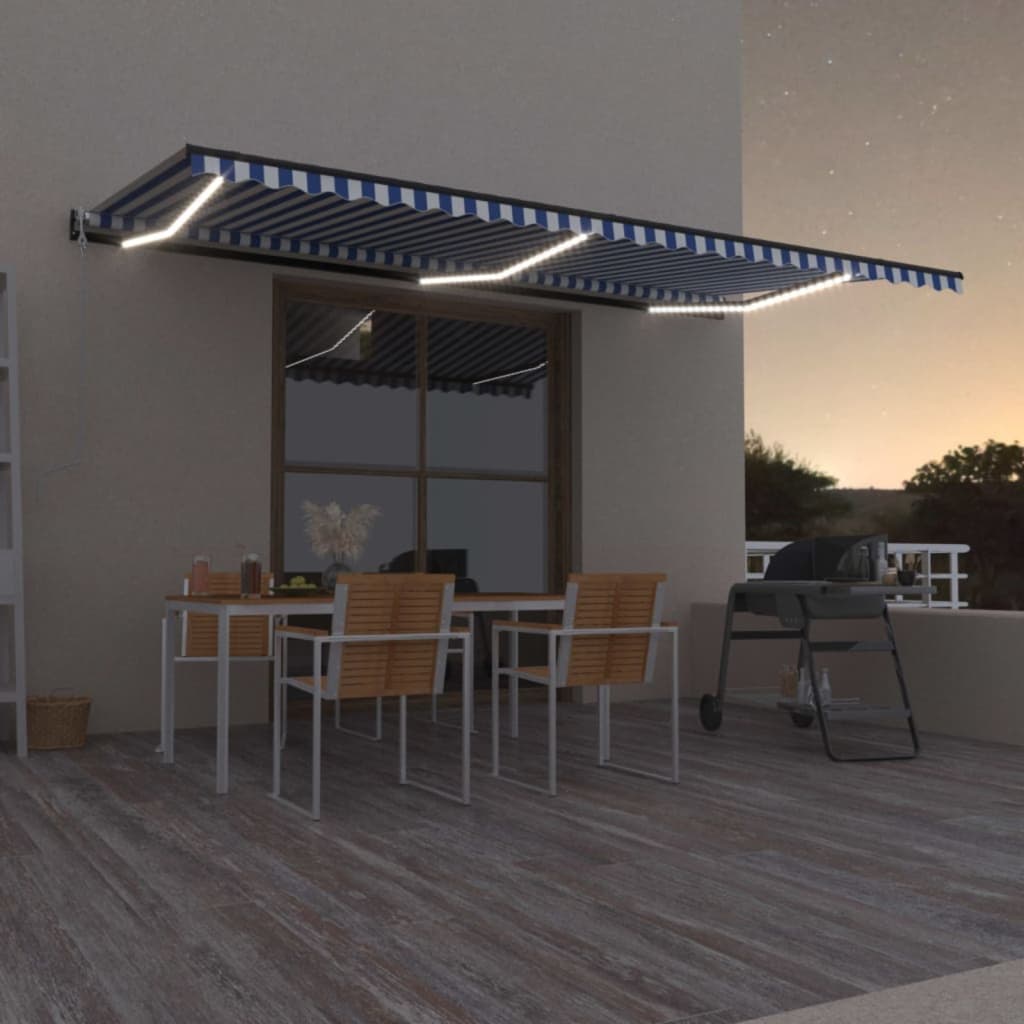 vidaXL Luifel automatisch met LED en windsensor 400x300cm blauw en wit