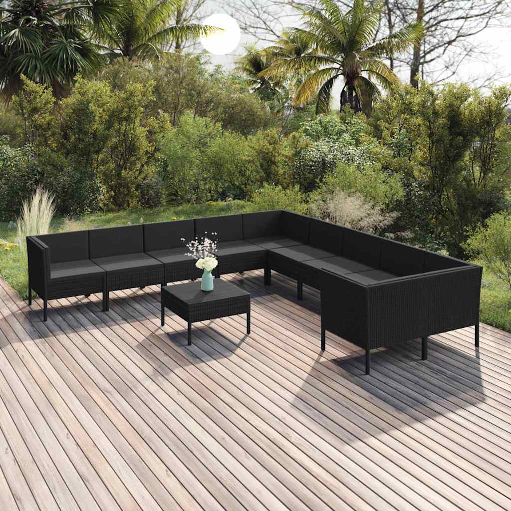 vidaXL 9-delige Loungeset met kussens poly rattan zwart