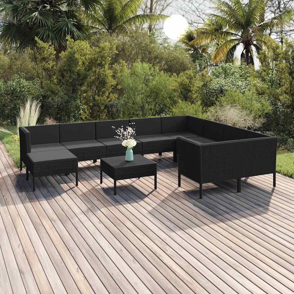 vidaXL 9-delige Loungeset met kussens poly rattan zwart
