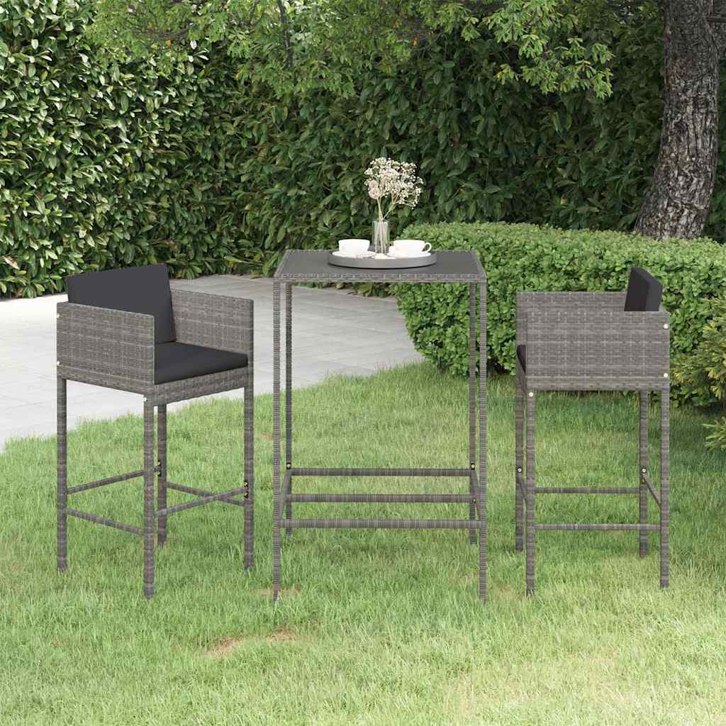 vidaXL 3-delige Tuinbarset met kussens poly rattan bruin