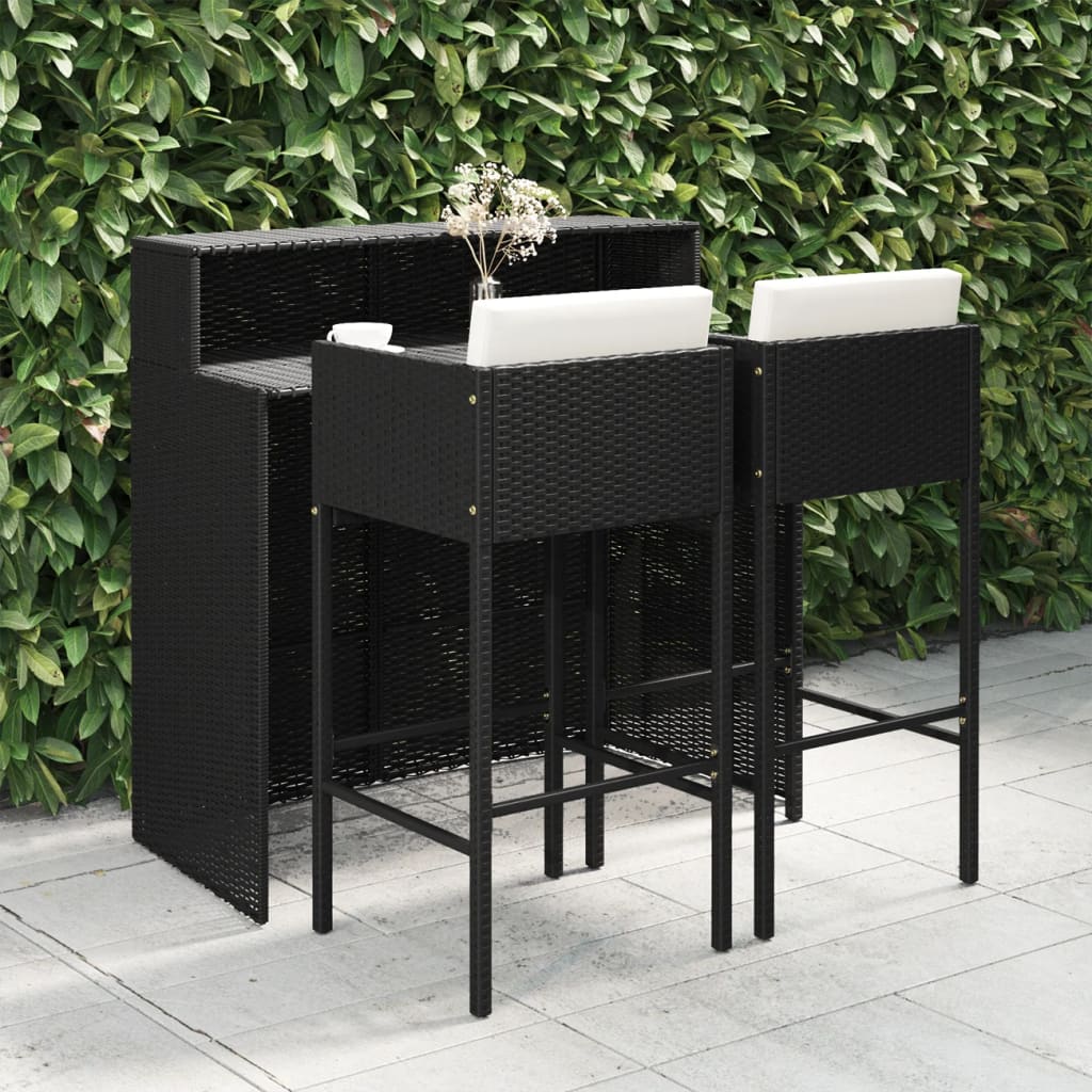vidaXL 3-delige Tuinbarset met kussens poly rattan bruin