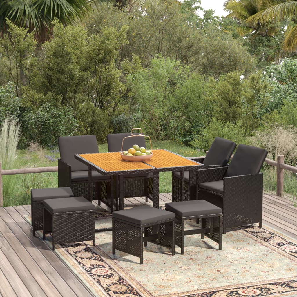 vidaXL 5-delige Tuinset met kussens poly rattan zwart