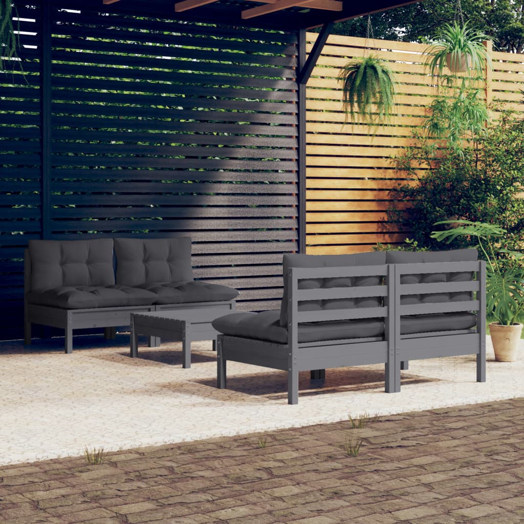 vidaXL 5-delige Loungeset met grijze kussens grenenhout