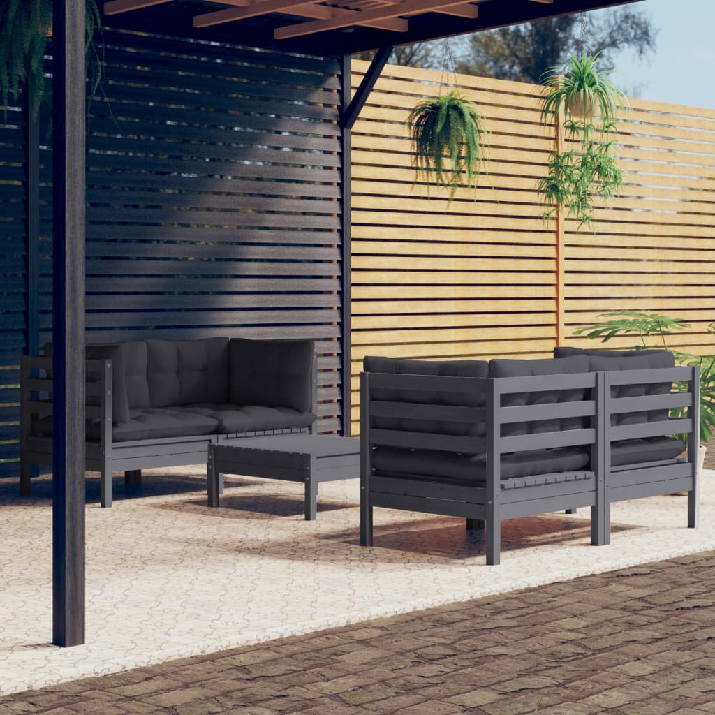 vidaXL 5-delige Loungeset met grijze kussens grenenhout