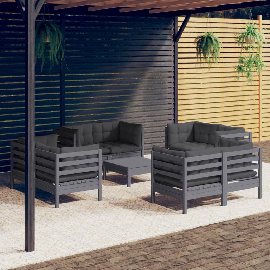 vidaXL 9-delige Loungeset met grijze kussens grenenhout