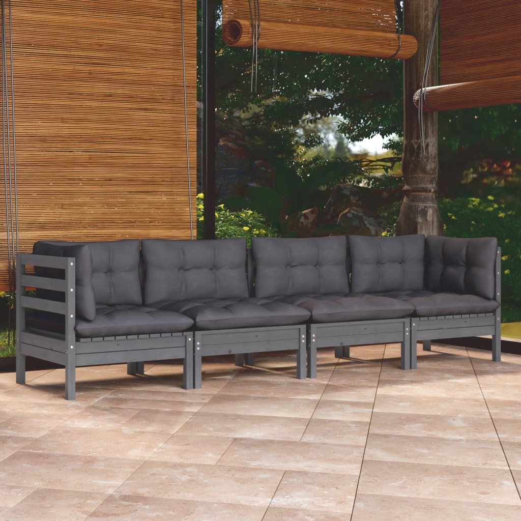 vidaXL 4-delige Loungeset met grijze kussens massief grenenhout