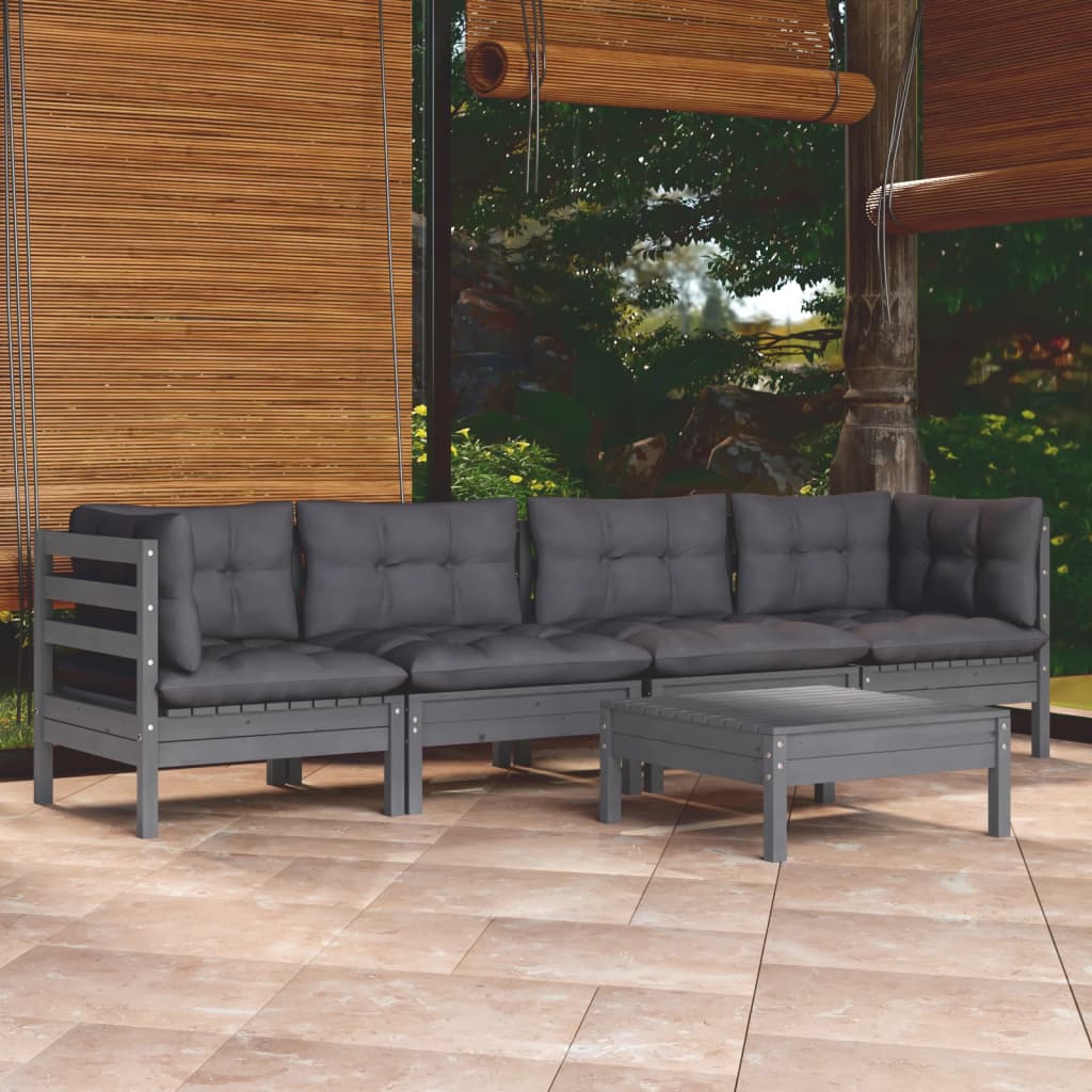 vidaXL 5-delige Loungeset met grijze kussens massief grenenhout
