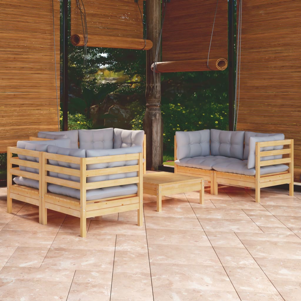 vidaXL 7-Piece Lounge Set with Grey Cushions Pine Wood