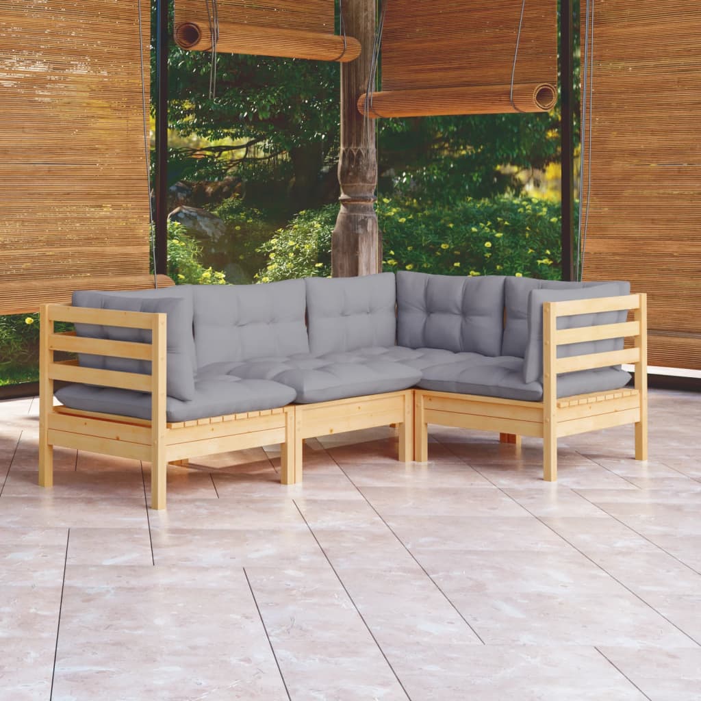 vidaXL 4-delige Loungeset met grijze kussens grenenhout