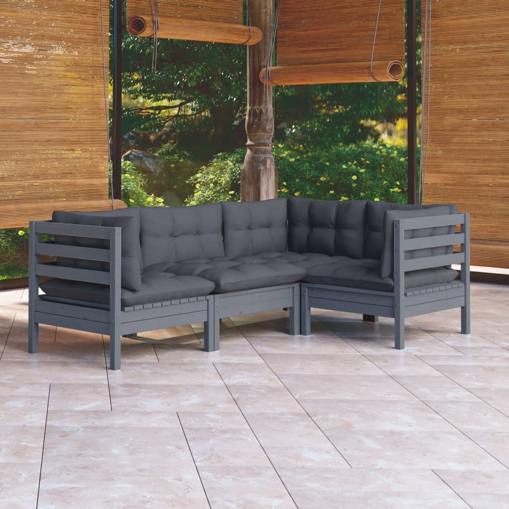 vidaXL 4-delige Loungeset met grijze kussens grenenhout