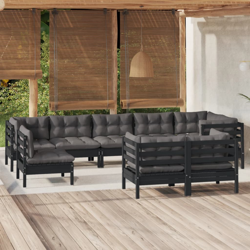 vidaXL 9-delige Loungeset met grijze kussens massief grenenhout