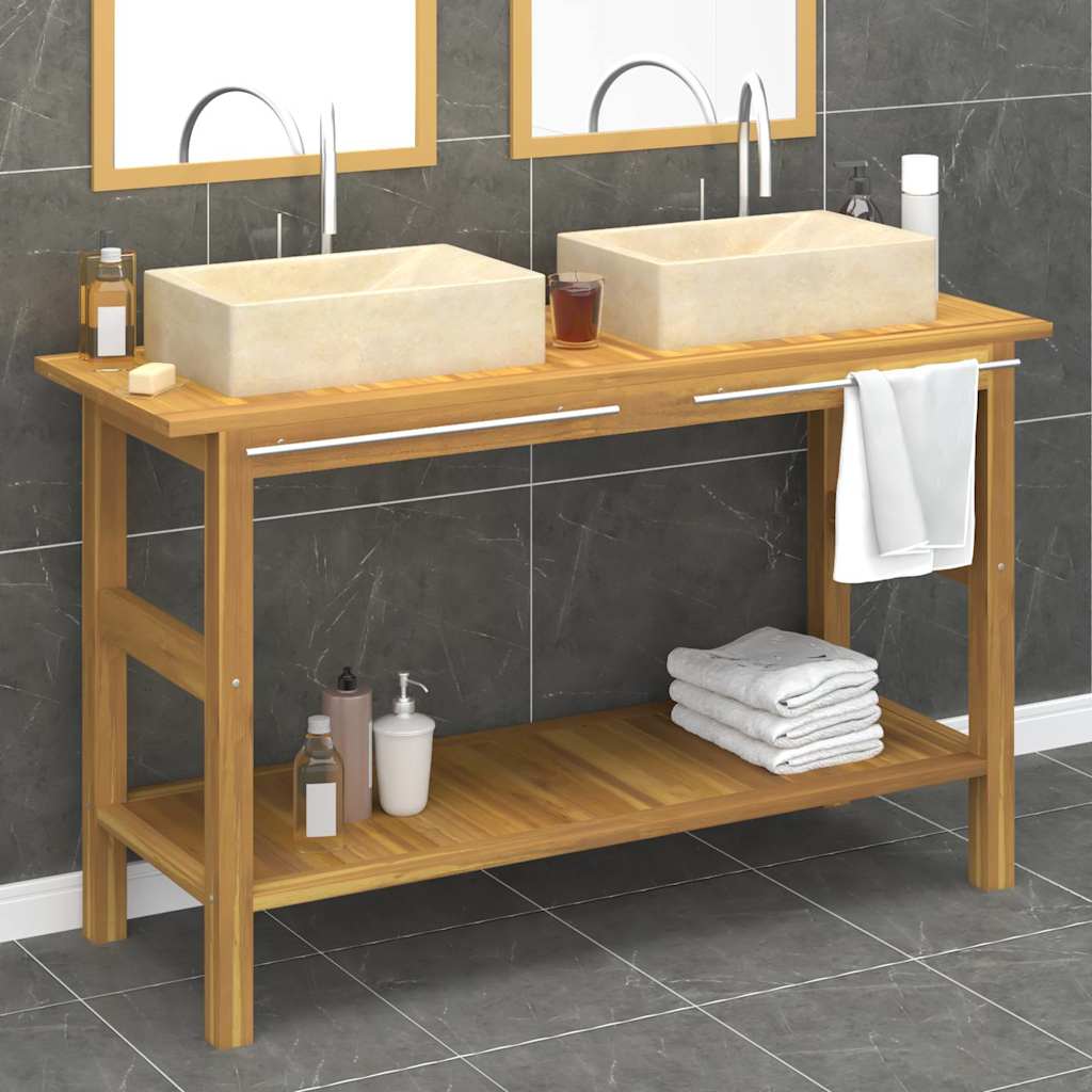vidaXL Washbasin Cabinet with Basins Solid Teak Marble Black