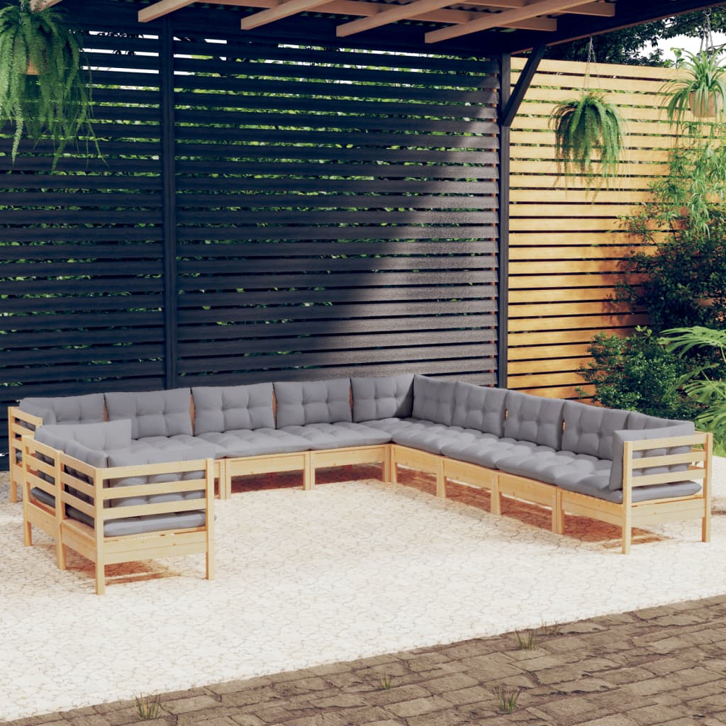 vidaXL 11-Piece Lounge Set with Grey Cushions Solid Pine Wood