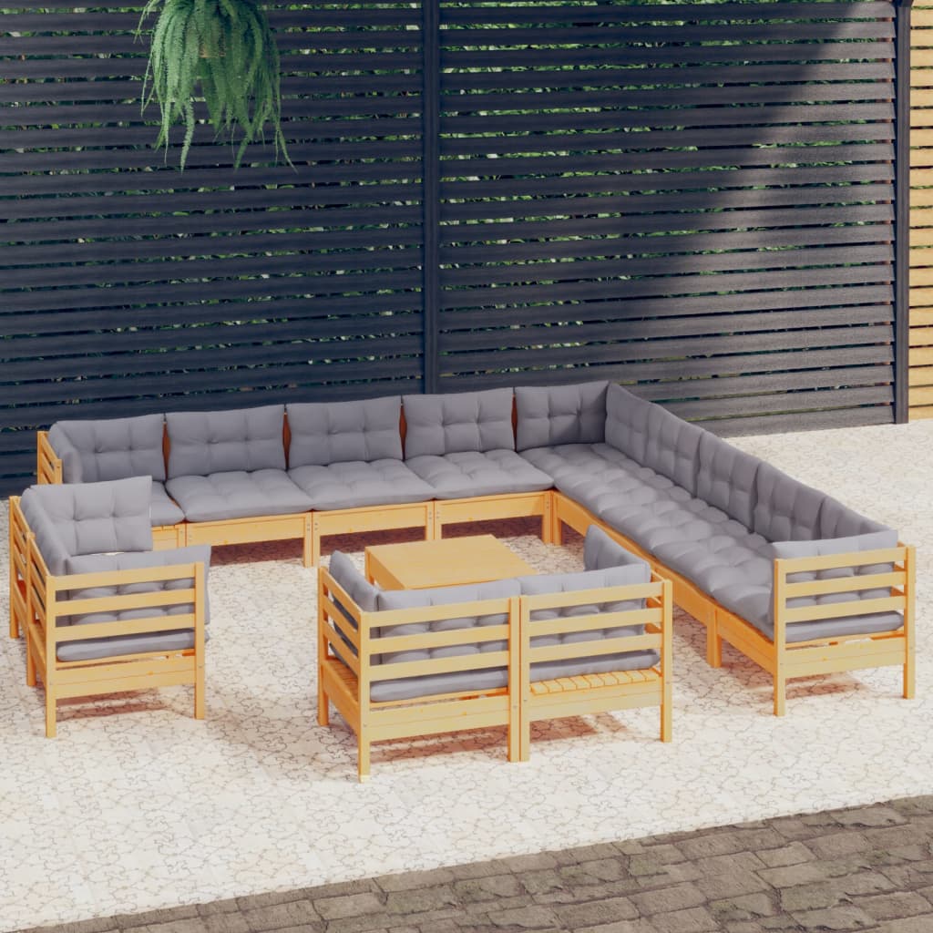 vidaXL 14-Piece Lounge Set with Grey Cushions Solid Pine Wood