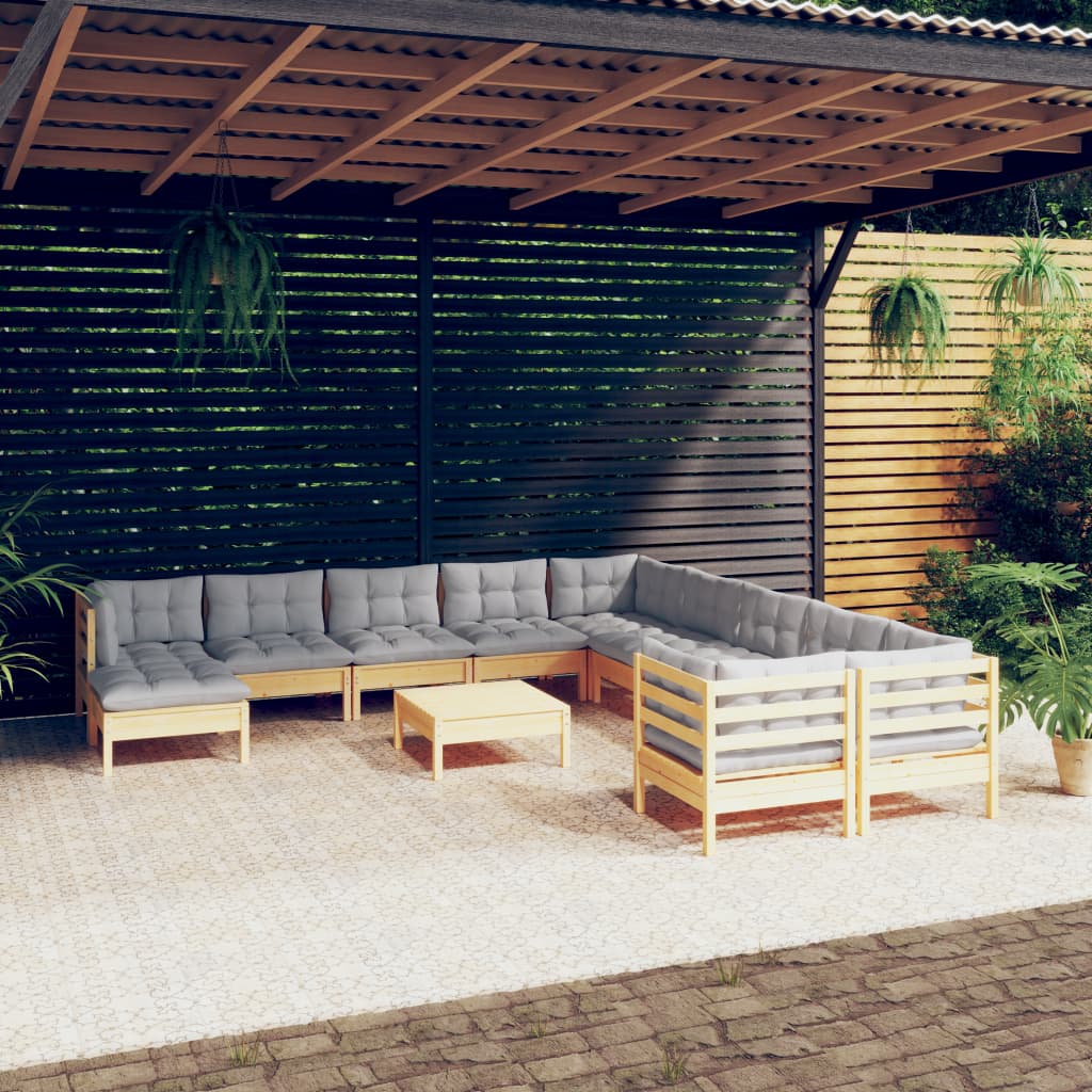 vidaXL 12-delige Loungeset met grijze kussens grenenhout